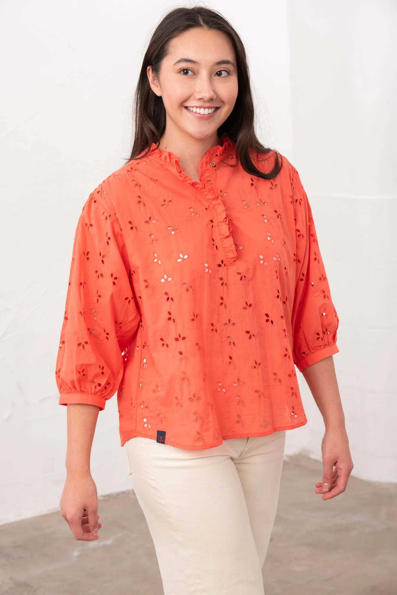 Thea Cotton Blouse - Coral Broderie Anglaise